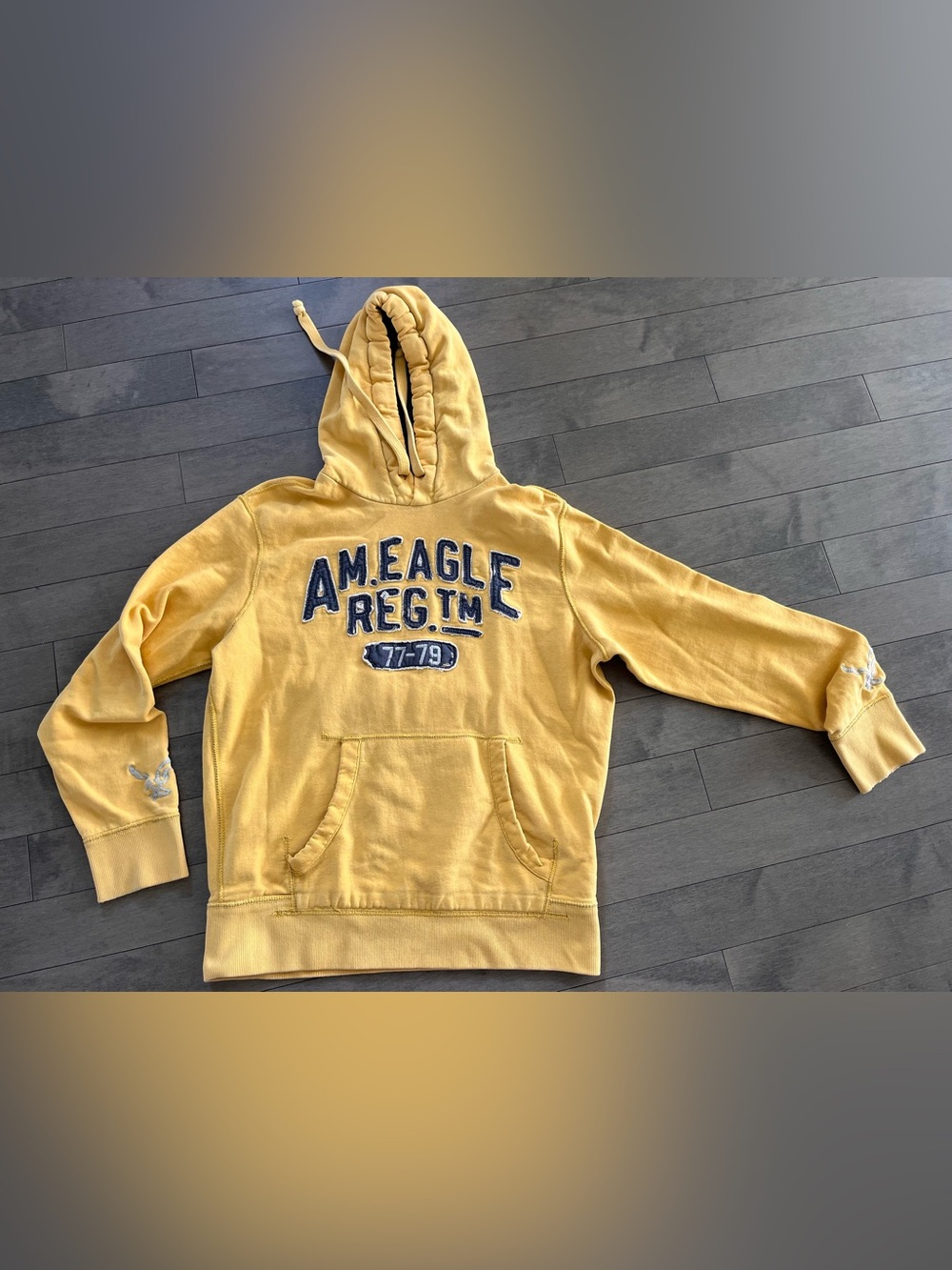 American Eagle Outfitters Yellow Pullover Hoodie with Navy Lettering